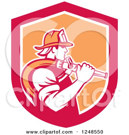 Clipart of a Retro Fireman with a Hose in a Shield - Royalty Free Vector Illustration by patrimonio
