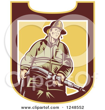Clipart of a Retro Woodcut Fireman with a Hose in a Shield - Royalty Free Vector Illustration by patrimonio