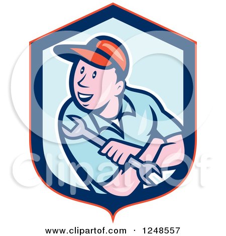 Clipart of a Cartoon Male Mechanic Holding a Spanner Wrench in a Shield - Royalty Free Vector Illustration by patrimonio