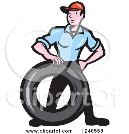 Clipart of a Cartoon Mechanic Worker with a Tire - Royalty Free Vector Illustration by patrimonio