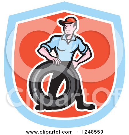 Clipart of a Cartoon Mechanic Worker with a Tire in a Shield - Royalty Free Vector Illustration by patrimonio