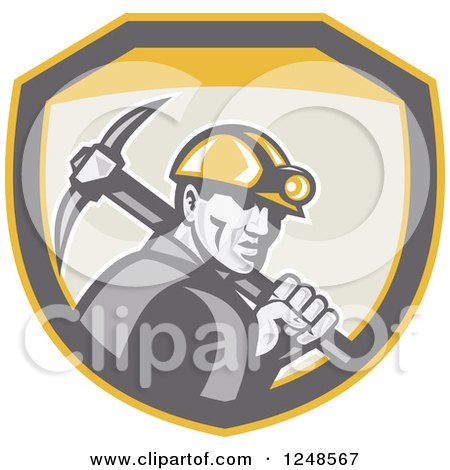 Clipart of a Retro Coal Miner with a Pickaxe in a Shield - Royalty Free Vector Illustration by patrimonio