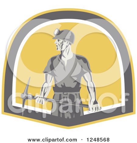 Clipart of a Retro Male Coal Miner with a Pickaxe in a Shield - Royalty Free Vector Illustration by patrimonio