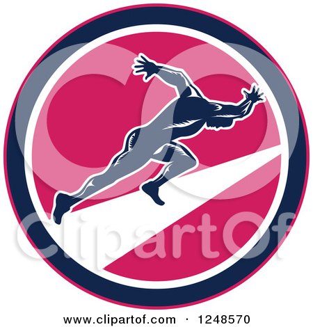 Clipart of a Retro Woodcut Male Runner Sprinting in a Pink Circle - Royalty Free Vector Illustration by patrimonio