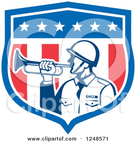 Clipart of a Retro Military Soldier with a Bugle in a Shield - Royalty Free Vector Illustration by patrimonio