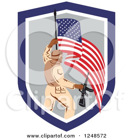 Clipart of a Soldier with a Rifle and American Flag in a Shield - Royalty Free Vector Illustration by patrimonio