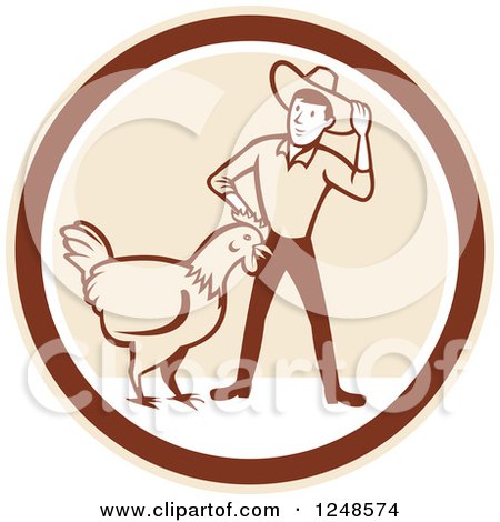 Clipart of a Retro Cartoon Male Farmer and Giant Chicken in a Circle - Royalty Free Vector Illustration by patrimonio