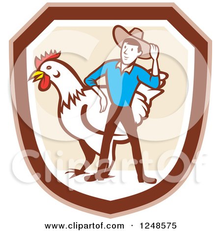 Clipart of a Retro Cartoon Male Farmer and Giant Chicken in a Shield - Royalty Free Vector Illustration by patrimonio