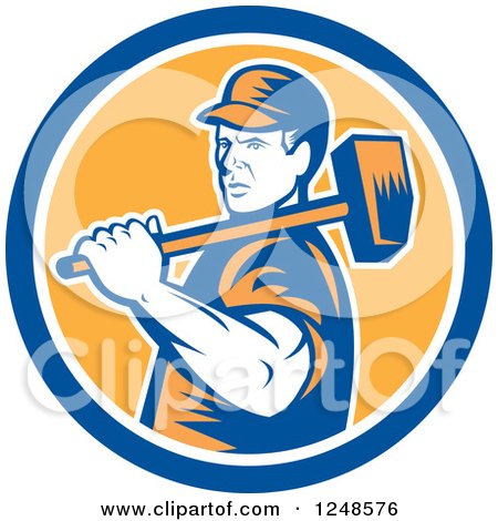 Clipart of a Retro Woodcut Male Worker Carrying a Sledgehammer in a Circle - Royalty Free Vector Illustration by patrimonio
