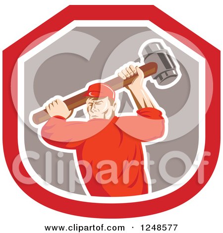Clipart of a Retro Male Union Worker Swinging a Sledgehammer in a Shield - Royalty Free Vector Illustration by patrimonio