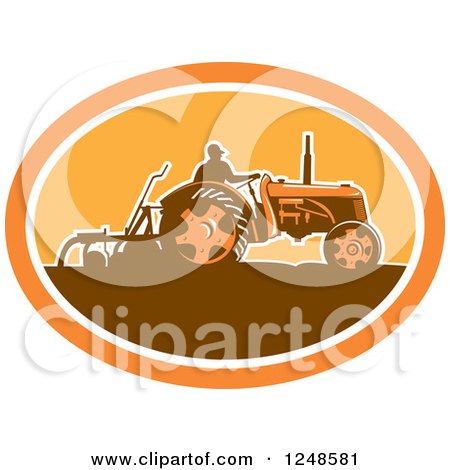 Clipart of a Retro Silhouetted Farmer Plowing with a Tractor - Royalty Free Vector Illustration by patrimonio