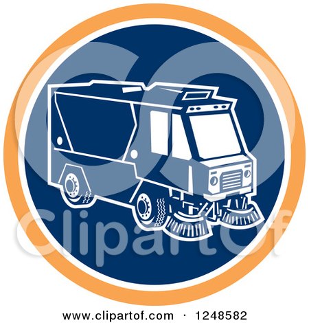 Clipart of a Retro Street Cleaner Machine in a Blue and Orange Circle - Royalty Free Vector Illustration by patrimonio