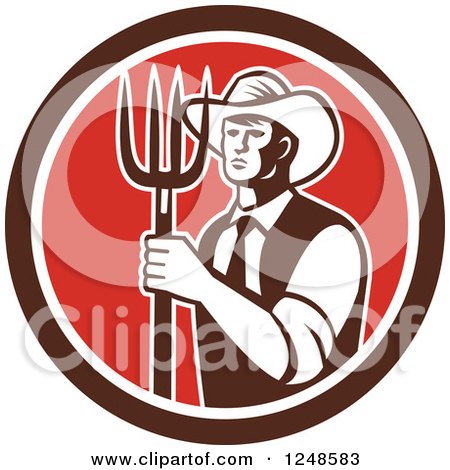 Clipart of a Retro Male Farmer Holding a Pitchfork in a Red and Brown Circle - Royalty Free Vector Illustration by patrimonio