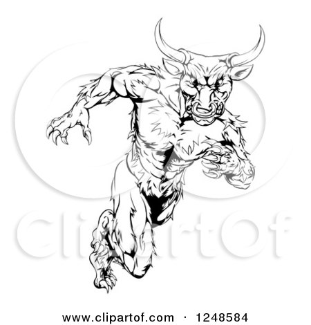 Clipart of a Black and White Muscular Bull Mascot Running - Royalty Free Vector Illustration by AtStockIllustration