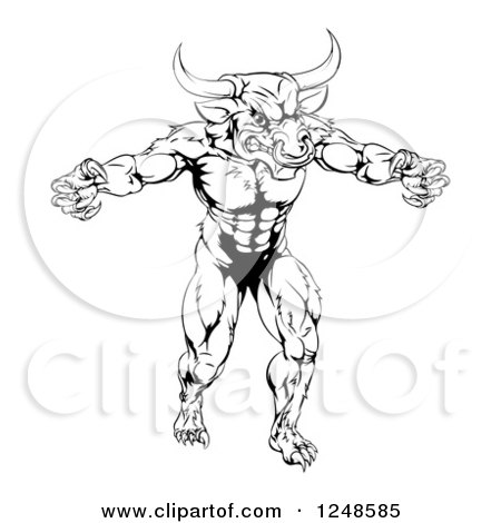 Clipart of a Black and White Muscular Minotaur Mascot - Royalty Free Vector Illustration by AtStockIllustration