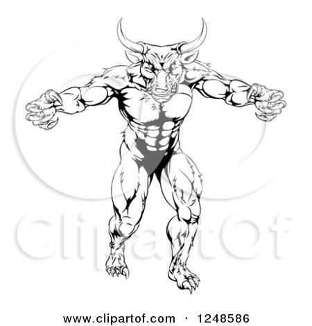Clipart of a Black and White Strong Minotaur Mascot - Royalty Free Vector Illustration by AtStockIllustration