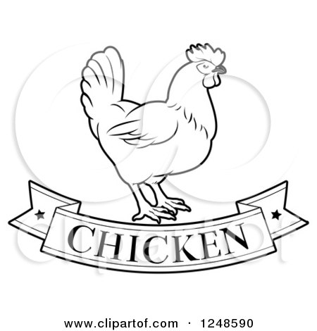Clipart of a Black and White Chicken Food Banner and Bird - Royalty Free Vector Illustration by AtStockIllustration