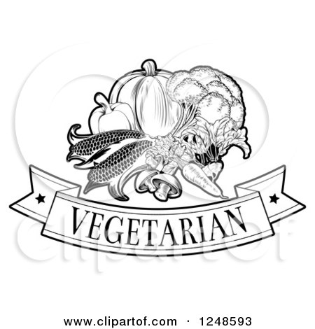 Clipart of a Black and White Vegetarian Food Banner and Veggies - Royalty Free Vector Illustration by AtStockIllustration
