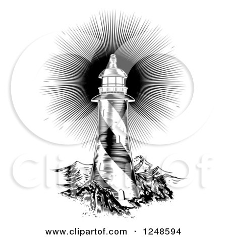 Clipart of a Black and White Woodcut Lighthouse with a Shining Light - Royalty Free Vector Illustration by AtStockIllustration