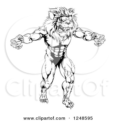 Clipart of a Black and White Muscular Male Lion Mascot - Royalty Free Vector Illustration by AtStockIllustration