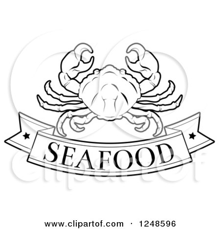 Clipart of a Black and White Pork Seafood Banner and Crab - Royalty Free Vector Illustration by AtStockIllustration