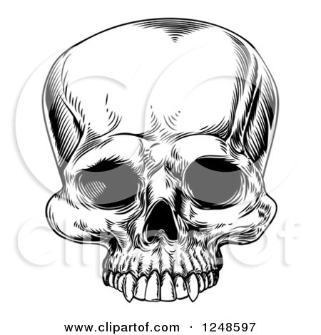 Clipart of a Black and White Woodcut Human Skull - Royalty Free Vector Illustration by AtStockIllustration