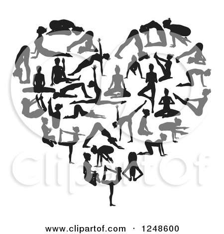 Clipart of a Black and White Heart Made of Silhouetted Yoga and Pilates People - Royalty Free Vector Illustration by AtStockIllustration
