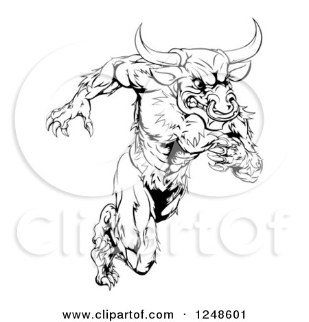 Clipart of a Black and White Muscular Bull Mascot Running Upright - Royalty Free Vector Illustration by AtStockIllustration
