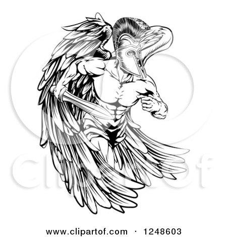Clipart of a Black and White Musular Spartan Trojan Warrior Angel Mascot Running with a Sword - Royalty Free Vector Illustration by AtStockIllustration