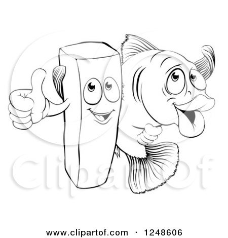 Clipart of a Black and White Happy French Fry Chip and Fish - Royalty Free Vector Illustration by AtStockIllustration