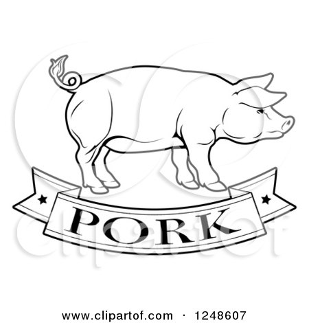 Clipart of a Black and White Pork Food Banner and Pig - Royalty Free Vector Illustration by AtStockIllustration