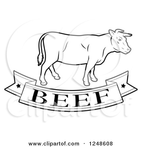 Clipart of a Black and White Beef Food Banner and Cow - Royalty Free Vector Illustration by AtStockIllustration