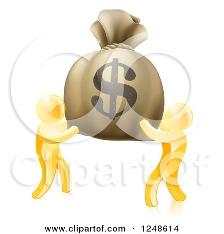 Clipart of 3d Gold Men Carrying a Giant Dollar Money Bag - Royalty Free Vector Illustration by AtStockIllustration