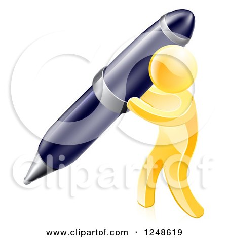 Clipart of a 3d Gold Man Writing with a Giant Pen - Royalty Free Vector Illustration by AtStockIllustration