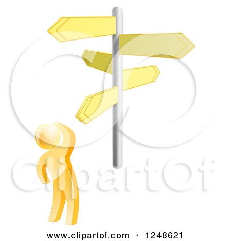 Clipart of a 3d Gold Man at Crossroads Signs - Royalty Free Vector Illustration by AtStockIllustration