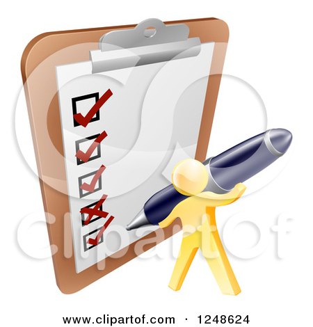 Clipart of a 3d Gold Man Checking off a List with a Pen - Royalty Free Vector Illustration by AtStockIllustration