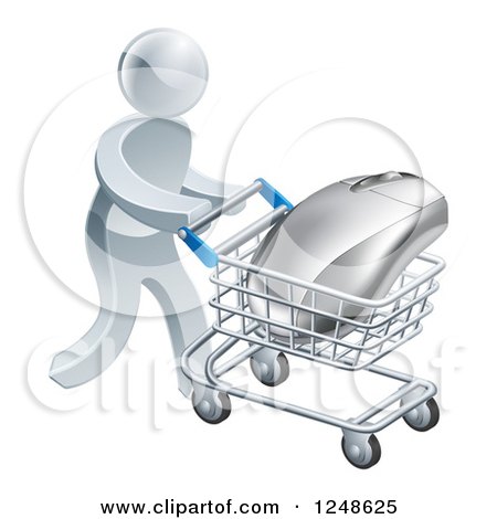 Clipart of a 3d Silver Man Pushing a Computer Mouse in a Shopping Cart - Royalty Free Vector Illustration by AtStockIllustration