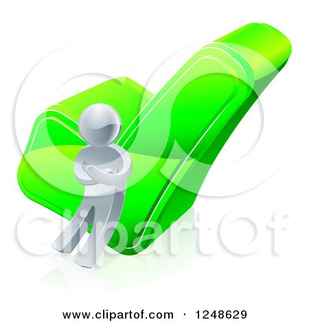 Clipart of a 3d Silver Man Leaning Against a Green Check Mark - Royalty Free Vector Illustration by AtStockIllustration