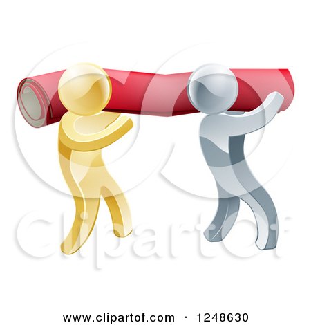 Clipart of 3d Silver and Gold Carpet Installers Carrying a Roll - Royalty Free Vector Illustration by AtStockIllustration