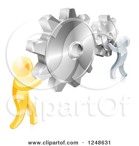 Clipart of 3d Gold and Silver Men Connecting Two Giant Gear Cogs - Royalty Free Vector Illustration by AtStockIllustration