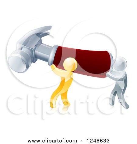 Clipart of 3d Gold and Silver Men Carrying a Giant Hammer - Royalty Free Vector Illustration by AtStockIllustration
