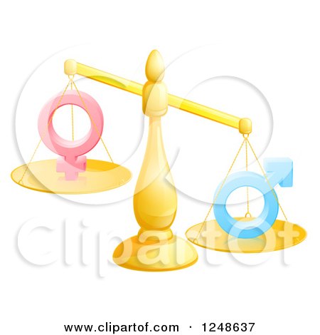 Clipart of a 3d Gold Scale Balancing Gender Symbols - Royalty Free Vector Illustration by AtStockIllustration