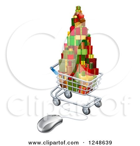 Clipart of a 3d Online Shopping Cart with Christmas Presents - Royalty Free Vector Illustration by AtStockIllustration
