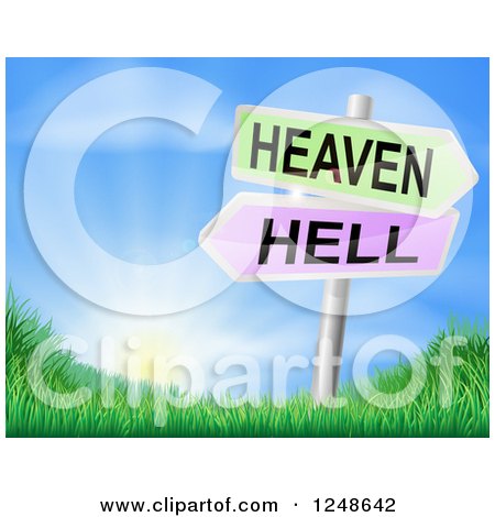 Clipart of 3d Heaven or Hell Arrow Signs over Hills and a Sunrise - Royalty Free Vector Illustration by AtStockIllustration