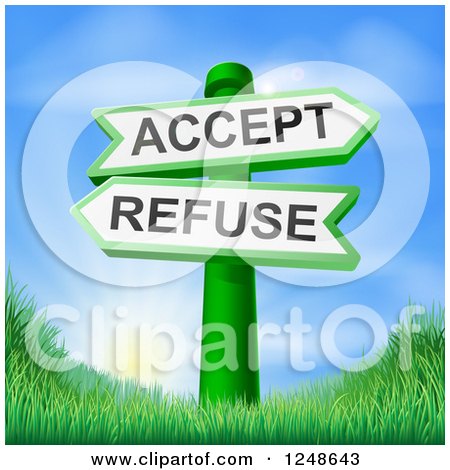 Clipart of 3d Accept or Refuse Arrow Signs over Hills and a Sunrise - Royalty Free Vector Illustration by AtStockIllustration