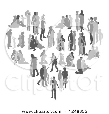 Clipart of a Grayscale Heart Made of Silhouetted Family Memebers in Different Poses - Royalty Free Vector Illustration by AtStockIllustration