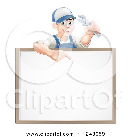Clipart of a Happy Brunette Mechanic Man Holding a Spanner Wrench and Pointing over a White Board Sign - Royalty Free Vector Illustration by AtStockIllustration