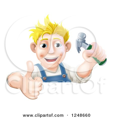 Clipart of a Happy Blond Carpenter Man Holding a Hammer and Thumb up over a Sign - Royalty Free Vector Illustration by AtStockIllustration