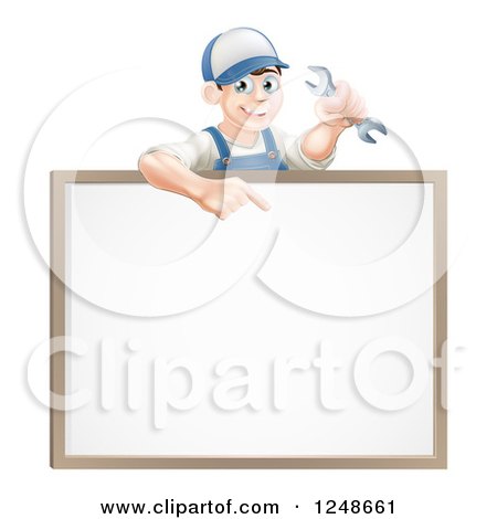Clipart of a Happy Brunette Mechanic Man Holding a Wrench and Pointing over a White Board Sign - Royalty Free Vector Illustration by AtStockIllustration