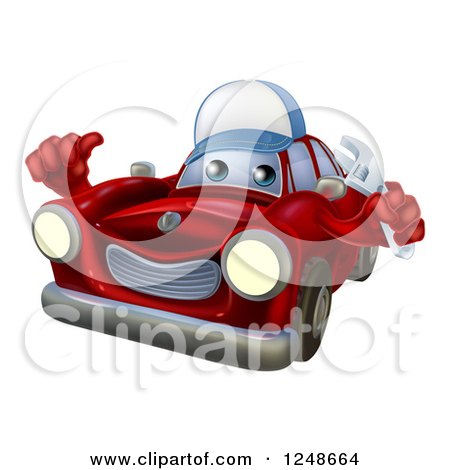 Clipart of a Red Car Character Mechanic Holding a Wrench and Thumb up - Royalty Free Vector Illustration by AtStockIllustration